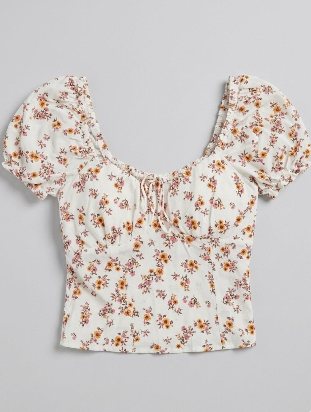 Floral Puff-Sleeve Sweetheart Top - White/Multi